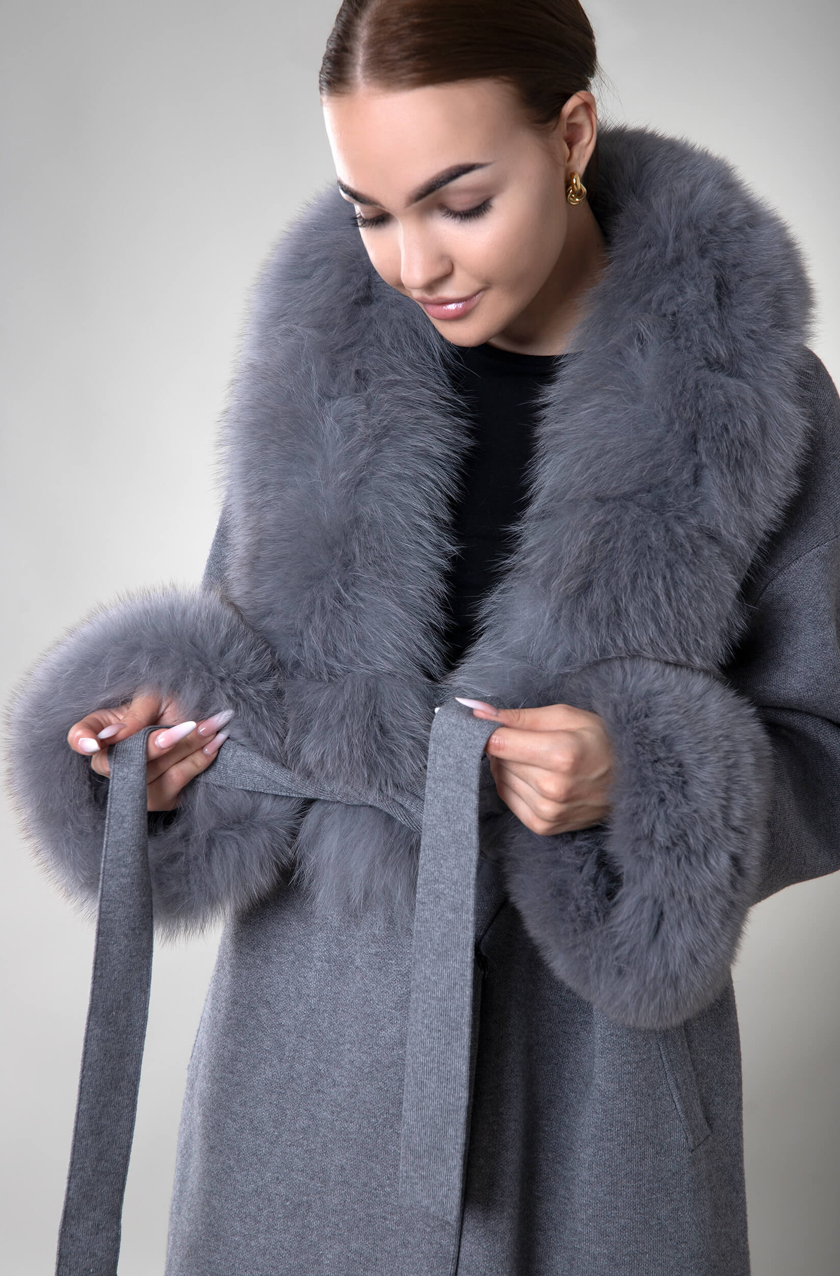 Płaszcz z naturalnym futrem Siena - szary