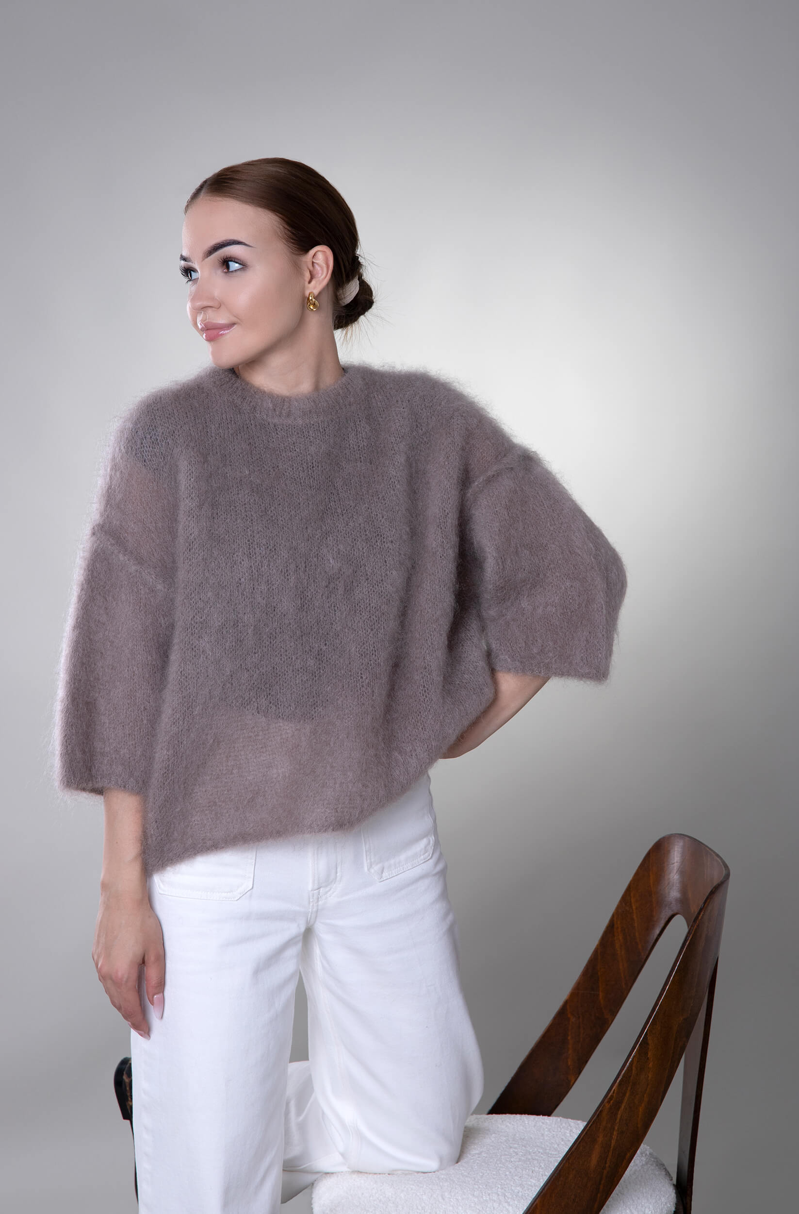 Sweter ¾ rękaw moherowy Prato – taupe - obrazek 2