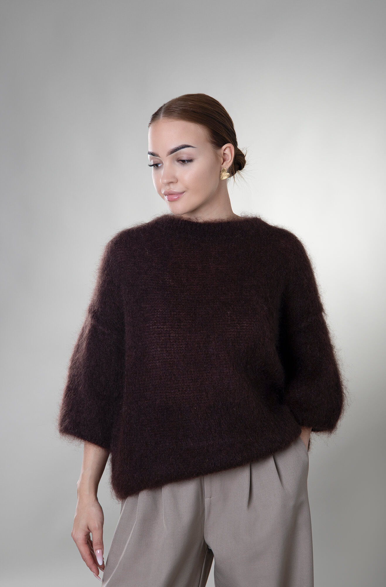 Sweter ¾ rękaw moherowy Prato - brązowy - obrazek 2